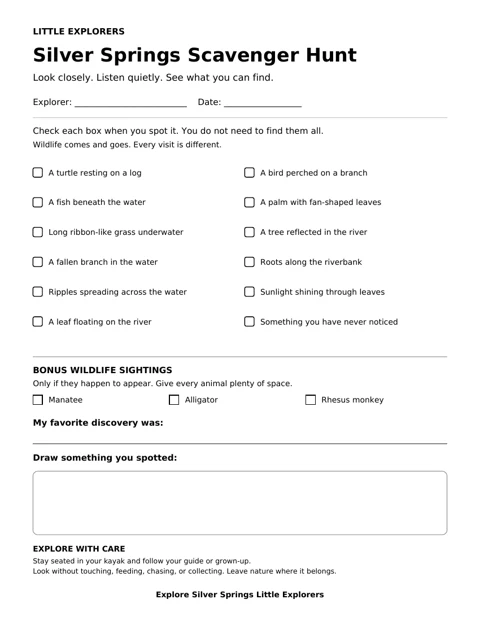 Silver Springs scavenger hunt with checkboxes and a drawing space