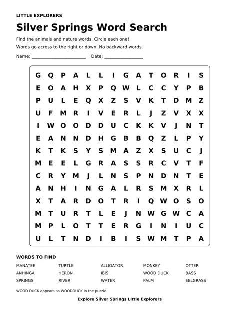 Silver Springs kids word search puzzle